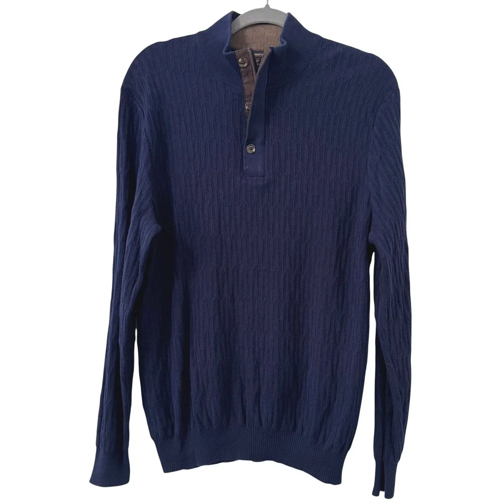 Tasso‎ Elba Mens Sweater Large Navy Blue Supima Cotton Cable Knit Mock Neck